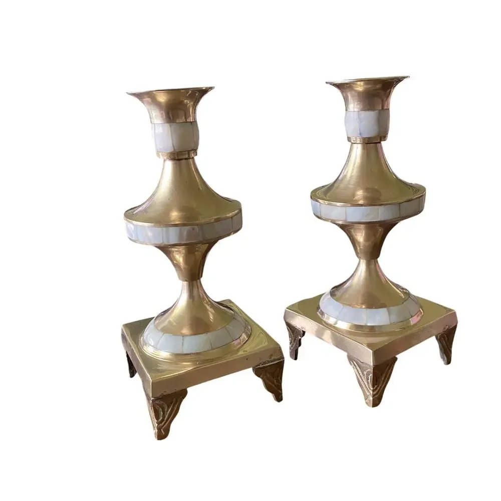 Set of TWO Heavy Brass Candlestick Holders Adorned with Mother of Pearl Shells
